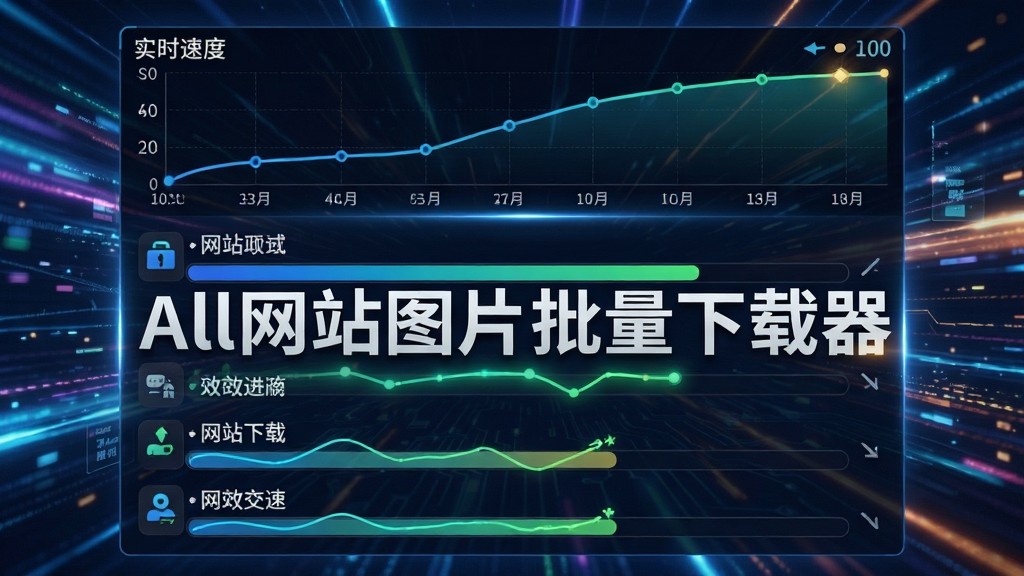 高速下载动效图:画面展示下载进度条列表,多个任务同时进行,顶部显示实时速度曲线,背景为动感科技光效,突出“All网站图片批量下载器”品牌,画质锐利,无多余元素