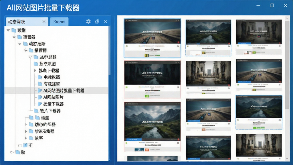 功能界面截图:展示软件扫描网页时的动态效果,左侧为网页结构树,右侧为实时抓取的图片瀑布流,界面左上角显示“All网站图片批量下载器”,科技蓝配色,布局清晰,画质高清,无多余元素