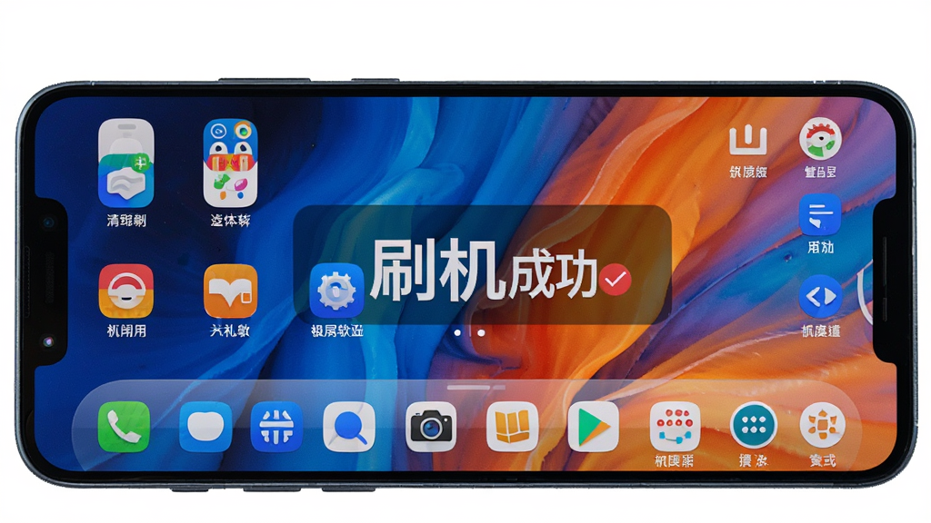 展示使用极度刷机软件刷机后的手机桌面,系统界面焕然一新,应用图标排列整齐,背景为动态壁纸,手机屏幕中显示“刷机成功”字样,整体画面明亮清晰,干净无多余元素