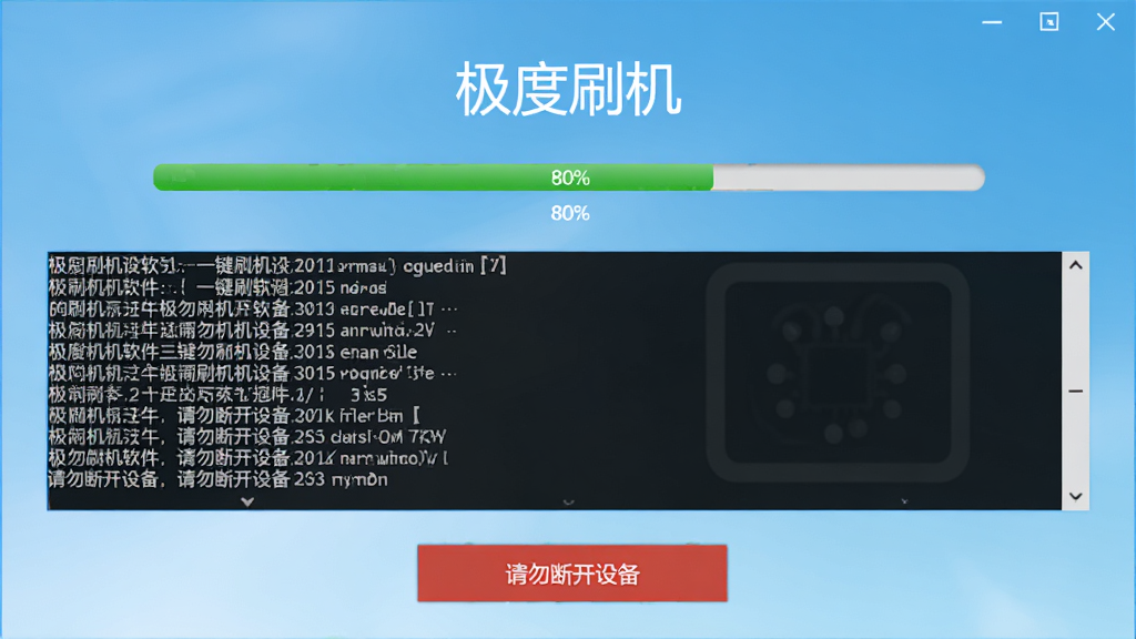 极度刷机软件一键刷机进行中界面,进度条显示80%,日志框滚动输出刷机信息,按钮区域显示“请勿断开设备”警告,界面背景为浅蓝渐变,文字标注“极度刷机”,画质干净无多余元素