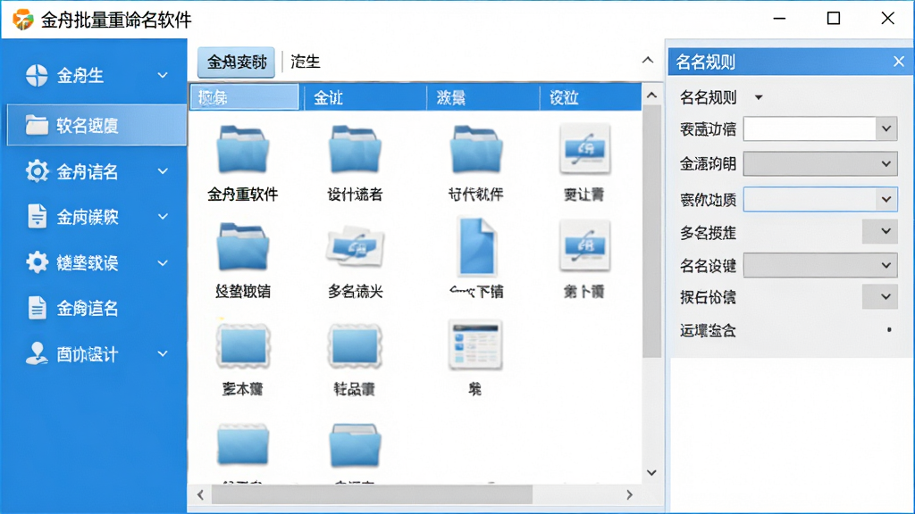 金舟批量重命名软件主界面预览图,展示软件整体布局,左侧功能导航栏,右侧文件列表与命名规则设置区域,窗口风格简洁现代,采用蓝白配色,图标清晰,文字标注“金舟批量重命名软件”,整体画面干净明亮,画质高清,无多余元素