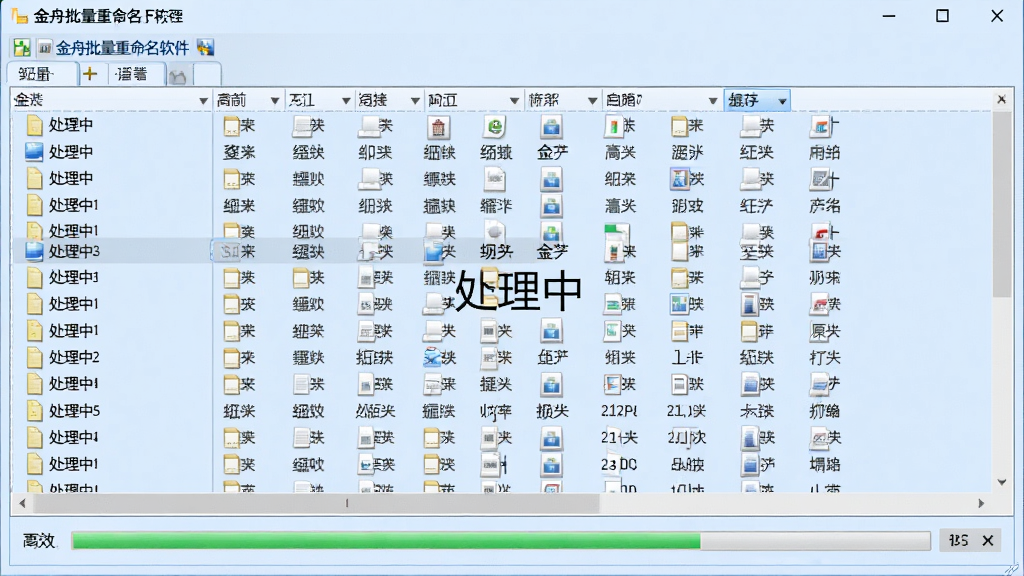 金舟批量重命名软件批量处理过程截图,显示文件列表与进度条,大量文件正在被重命名,界面显示“处理中”状态,背景为淡蓝色,突出高效处理能力,画质清晰,无多余元素