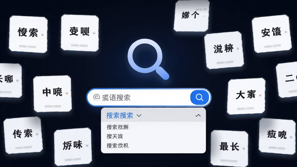 主体为成语大全解释软件的搜索界面,中心是放大镜图标和输入框,周围漂浮着成语卡片,布局集中,排版现代,风格科技感,细节有搜索建议下拉列表,画质干净清晰,无多余元素