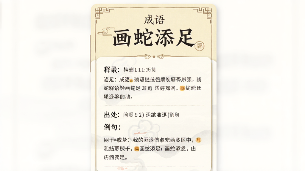 主体为成语大全解释软件的成语详情页,展示成语“画蛇添足”的释义文字,上方为成语大字,下方为出处和例句,布局呈纵向卡片式,排版疏朗,风格典雅,细节有淡黄色背景和古风装饰线,画质细腻干净,无多余元素