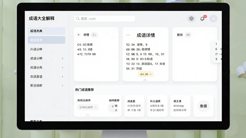 主体为成语大全解释软件在电脑屏幕上显示的界面全貌,左侧为分类导航栏,右侧为成语详情卡片,布局清晰,排版整齐,风格简约现代,细节包括搜索框和热门成语推荐位,画质高清干净,无多余元素