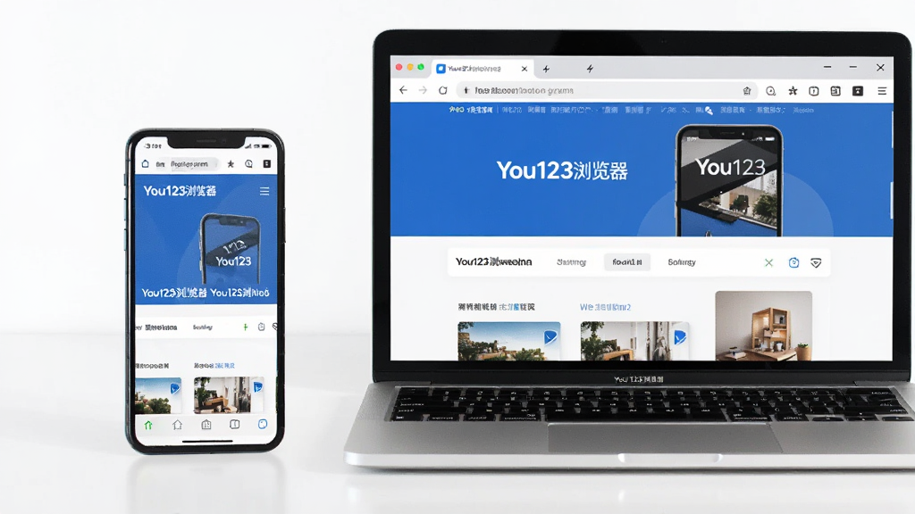 多设备使用场景图,主体为一部智能手机与一台笔记本电脑并排摆放,屏幕上均显示You123浏览器界面,布局为左右对称,风格为现代科技感实拍图,细节呈现屏幕中的清晰网页内容与浏览器工具栏,画质明亮干净,无多余元素,可包含“You123浏览器”的界面标识。