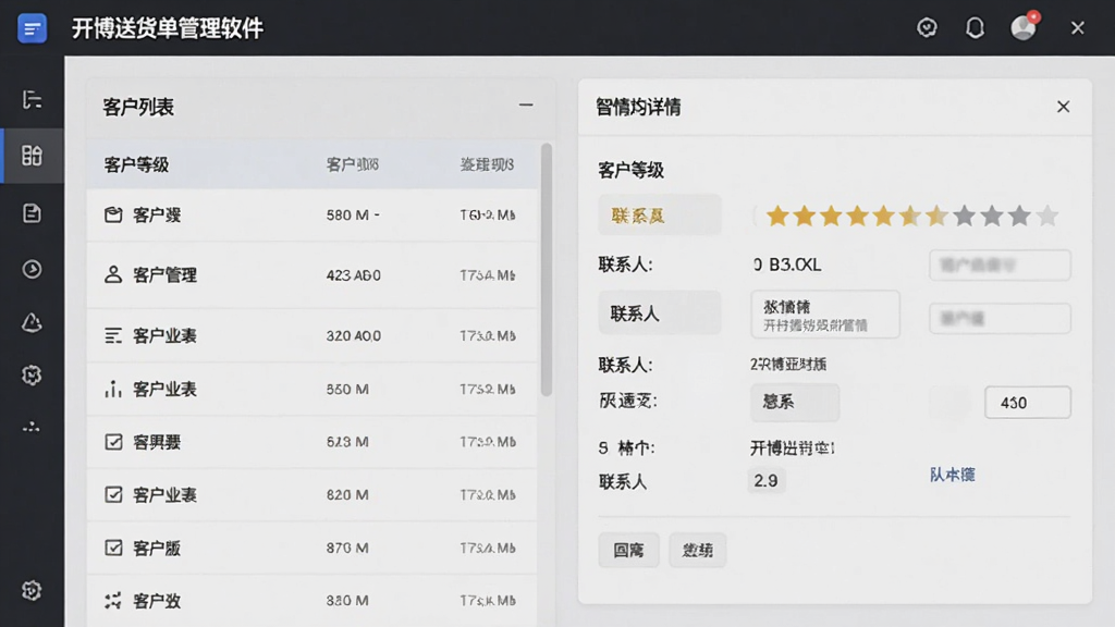 主体为开博送货单管理软件(网络云版)的客户管理界面,左侧为客户列表,右侧为详情卡片。布局为左右分栏,风格简洁,细节上突出“客户等级”、“联系人”等字段,画质干净,无多余元素。