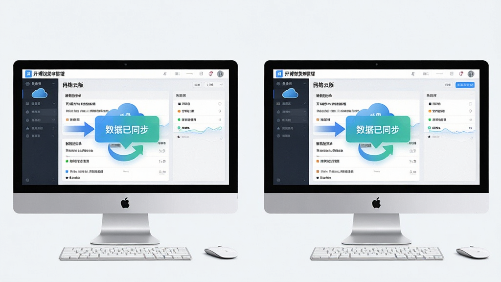 图片主体为两台电脑并排摆放,屏幕中分别显示开博送货单管理软件(网络云版)的数据同步界面,有“数据已同步”的提示气泡。布局为左右对称,左侧电脑显示新增送货单,右侧电脑显示相同单据已更新。排版简洁,风格科技感,细节上突出云朵图标与同步箭头,画质清晰,干净无多余元素。