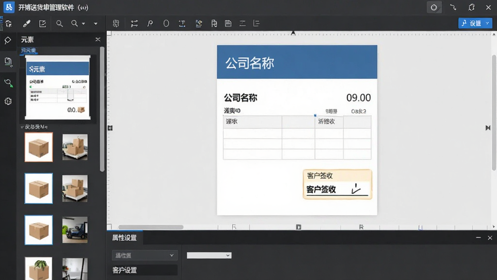 画面主体为一张设计中的送货单模板,在开博送货单管理软件(网络云版)的编辑器中展示,左侧为模板元素列表,右侧为画布。布局为上下结构,上方为工具栏,中间为模板预览区,下方为属性设置栏。排版规整,风格商务简约,细节上突出“公司名称”与“客户签收”区域,画质高清,无多余元素。
