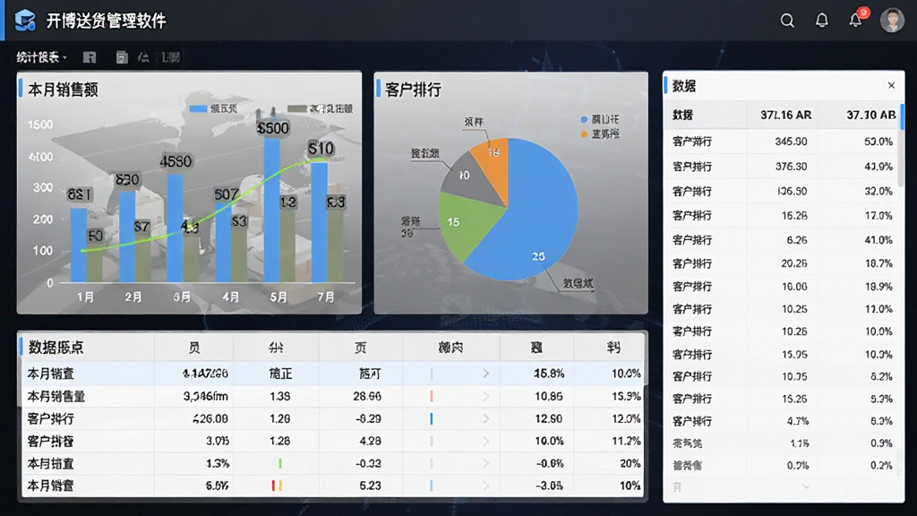 主体为开博送货单管理软件(网络云版)的统计报表界面,屏幕上显示柱状图与饼图,旁边有数据表格。布局为图表区在左,数据列表在右。排版清晰,风格数据可视化,细节上标注“本月销售额”、“客户排行”等文字,画质干净,无多余元素。