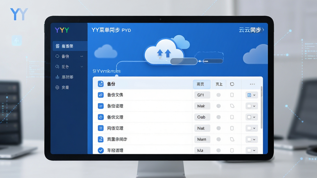 YY菜单数据备份云同步示意图,主体为云端同步进度界面,有备份文件列表,布局简洁,风格商务蓝,细节图标,画质干净