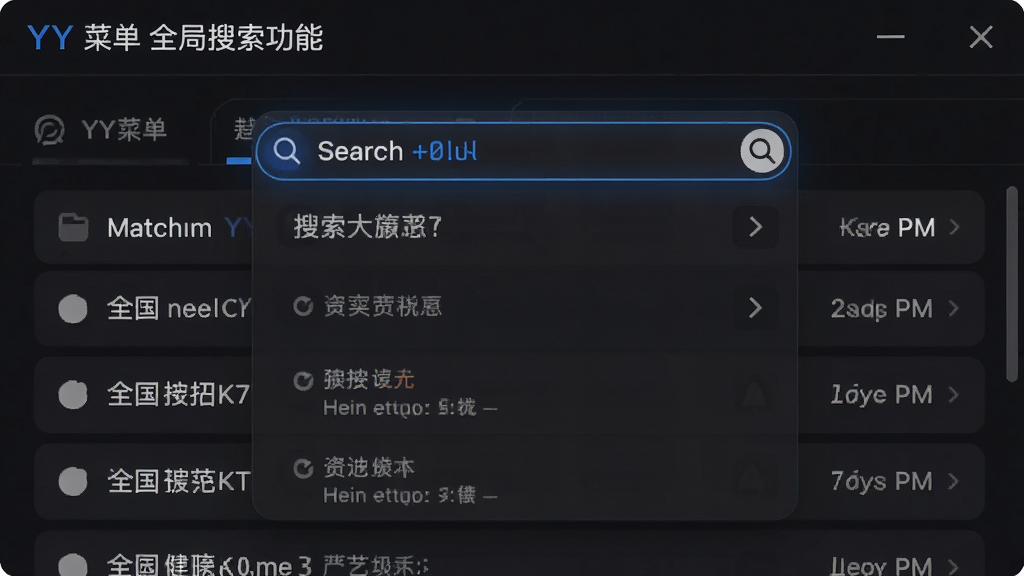 YY菜单全局搜索功能截图,主体为搜索框弹出效果,下方显示匹配结果列表,布局紧凑,风格深色主题,细节高亮,画质清晰