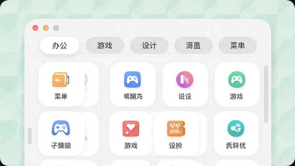 YY菜单智能分类功能展示图,主体为软件界面中分类标签页,有办公、游戏、设计等分组,图标排列整齐,布局清晰,风格现代简约,细节圆角,画质干净