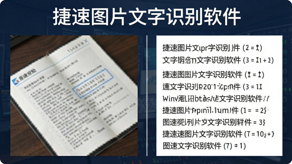 一张展示文字识别精度的对比图,主体为左右分栏设计,左侧是带有倾斜角度的原始图片,右侧是识别后整齐排列的文本内容,图片上方标注“捷速图片文字识别软件”名称,布局简洁,风格专业,细节清晰,画质高清,无多余元素