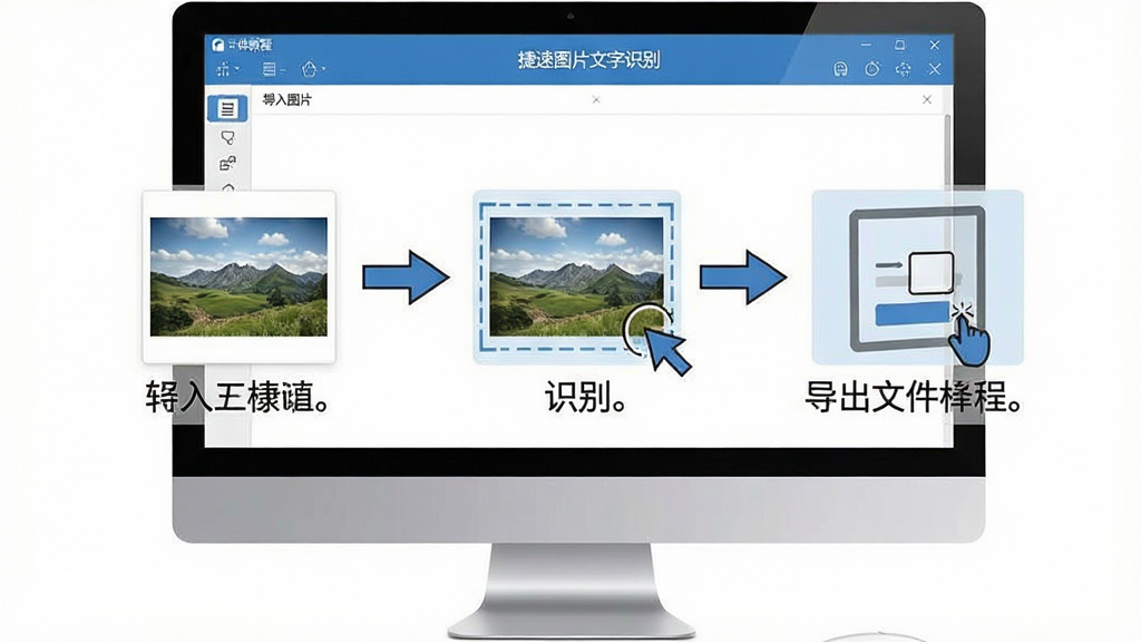 一张软件使用教程示意图,主体为电脑屏幕上显示捷速图片文字识别软件的操作步骤,包括导入图片、点击识别、导出文件三个步骤,用箭头指示,配以文字说明,布局清晰,排版直观,风格简洁,细节完整,画质高清,干净无多余元素