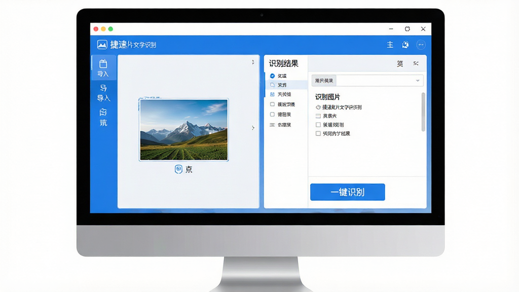 一张现代简约风格的软件界面展示图,主体为电脑屏幕中显示的捷速图片文字识别软件主界面,左侧是图片导入区域,右侧是识别结果预览区,界面以蓝白配色为主,布局清晰,排版整齐,细节上突出“一键识别”按钮,画质高清,干净无多余元素