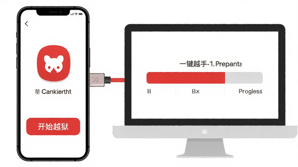 主体为红雪助手的一键越狱功能界面,布局为手机连接电脑的示意图,左侧有“开始越狱”按钮,右侧显示进度条,风格为扁平化设计,颜色以红白为主,画质清晰,无多余元素
