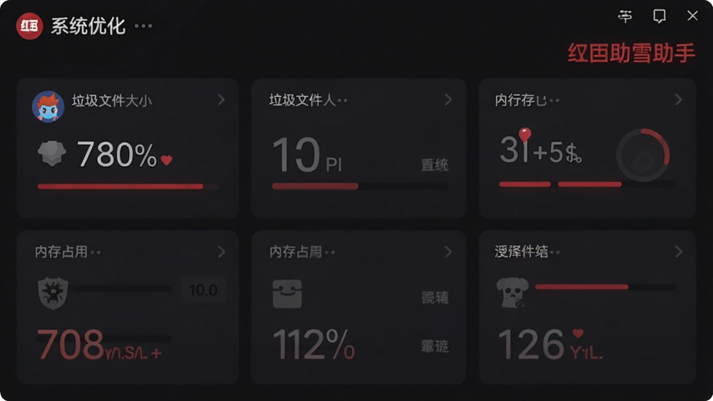 主体为红雪助手的系统优化界面,布局为仪表盘样式,显示垃圾文件大小、内存占用等数据,风格为暗色主题配合红色高亮,画质细腻,无多余元素