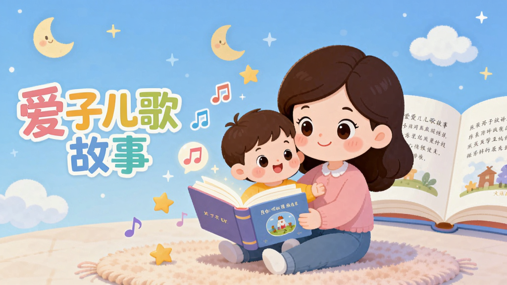 画面主体为温馨的卡通亲子场景,妈妈抱着孩子坐在柔软地毯上,面前悬浮着发光的故事书和音符图标,周围环绕着小星星、月亮和云朵。布局采用居中构图,主体突出,背景为浅蓝色渐变星空。排版上,左侧有“爱子儿歌故事”的艺术字标题,右侧为展开的童话书页。风格为Q版扁平插画,色彩明亮柔和,细节包含孩子微笑的表情和妈妈温柔的眼神。画质高清,干净无多余元素。