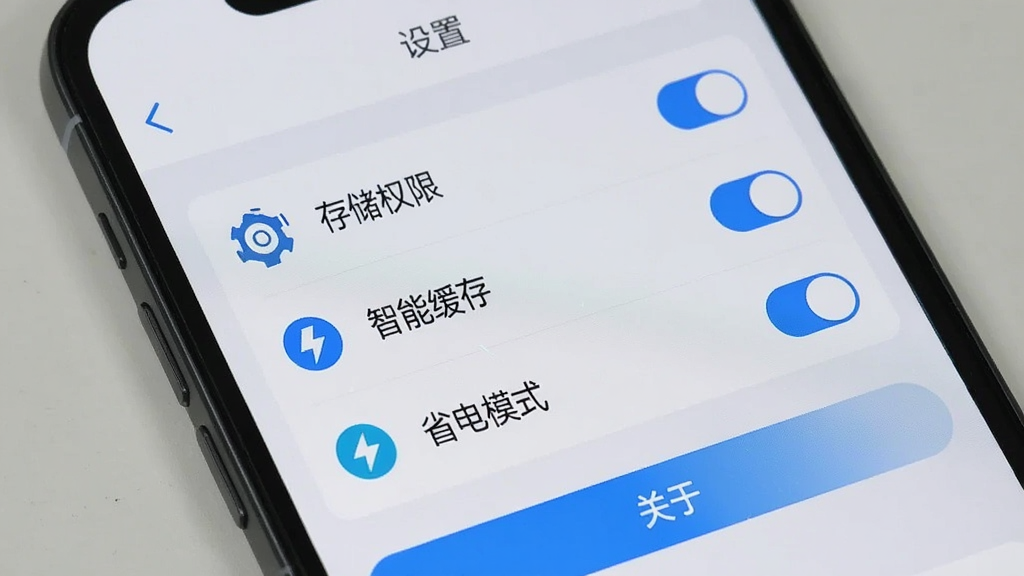 画面主体为手机屏幕展示软件设置页面,上面有“存储权限”、“智能缓存”、“省电模式”等多个开关选项。布局为列表式,背景为浅灰色。排版上方有“设置”标题,下方有“关于”按钮。风格为简洁UI设计,色彩以白色和蓝色为主,细节包含每个选项的图标。画质干净,无多余元素。
