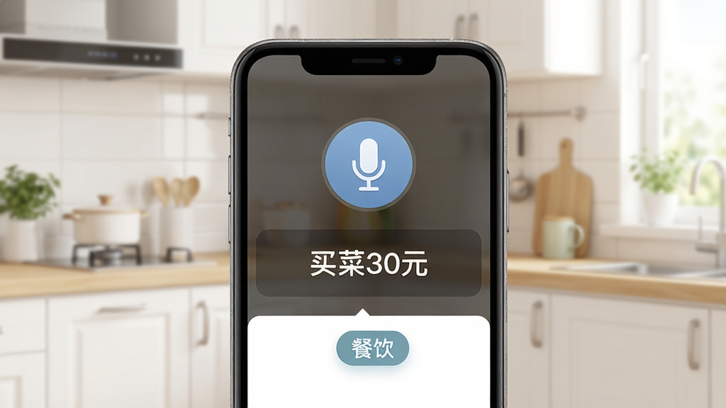 画面展示家庭收支记账理财的语音记账功能,手机屏幕上有麦克风图标和“买菜30元”文字识别结果,下方自动弹出“餐饮”分类标签,背景为厨房场景,干净明亮,采用半拟物化设计风格,主体突出,画质清晰,无多余元素