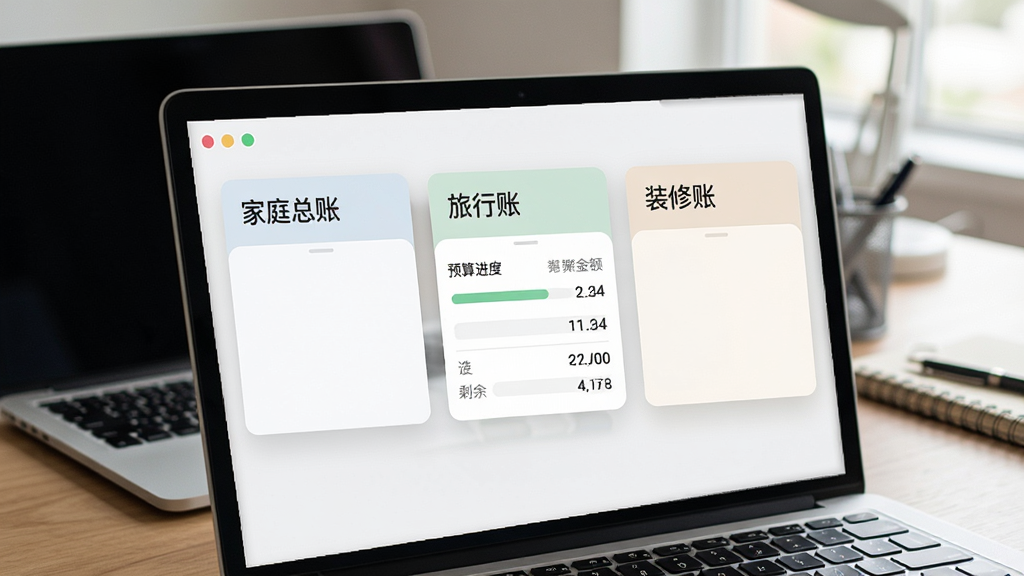 画面展示家庭收支记账理财的多账本切换界面,屏幕上显示“家庭总账”“旅行账”“装修账”三个卡片,其中一个账本显示预算进度条和剩余金额,背景为书桌和笔记本电脑,风格简约商务,色彩淡雅,画质细腻,无多余元素