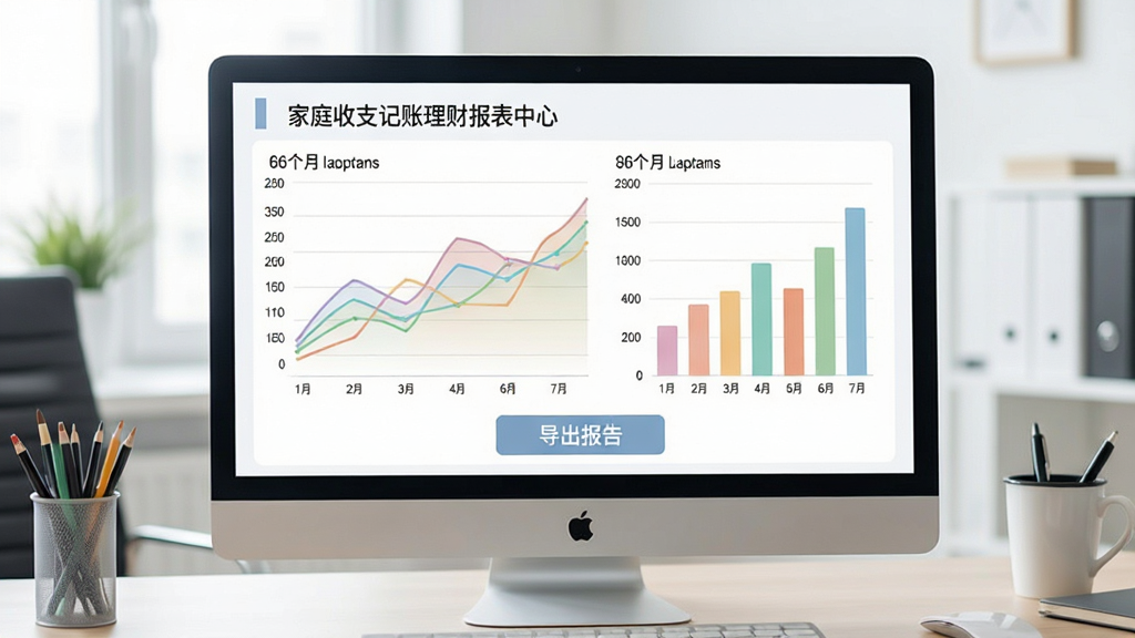 画面展示家庭收支记账理财的报表中心,屏幕上有彩色折线图和柱状图,展示近6个月收支趋势,下方有“导出报告”按钮,背景为办公桌面,风格清新商务,图表配色柔和,画质高清,干净无多余元素