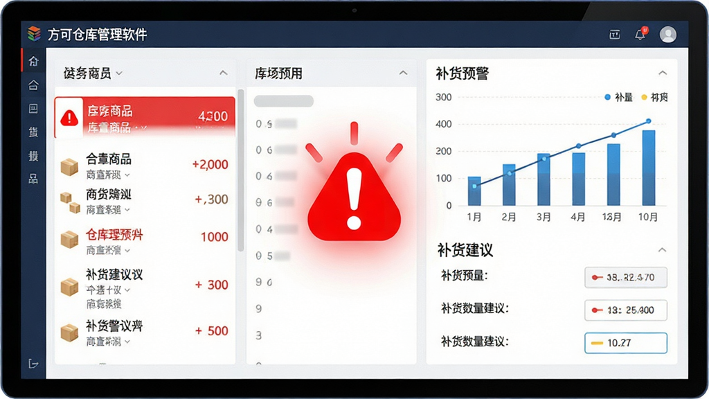 主体:方可仓库管理软件的库存预警界面,一个红色感叹号图标闪烁,旁边有补货建议列表。布局:图表在右,预警列表在左。排版:信息层级分明,高亮效果突出。风格:简洁商务风。细节:屏幕显示“方可仓库管理软件”字样,预警商品用红色字体标注,补货数量建议清晰。画质:清晰锐利,无多余元素。