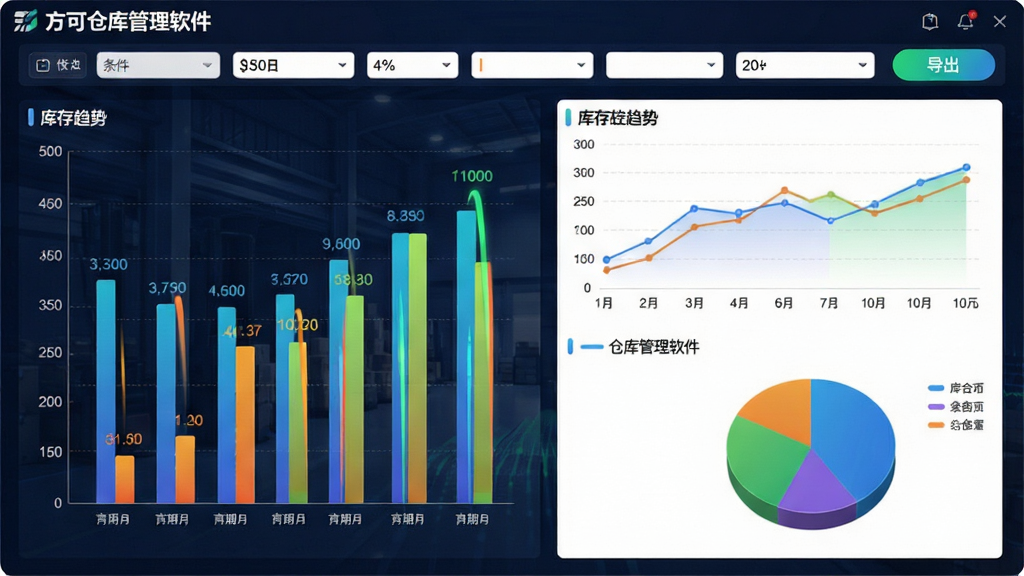 主体:方可仓库管理软件的统计报表界面,显示柱状图、折线图和饼图。布局:图表均匀分布,顶部有筛选条件栏。排版:数据标签清晰,颜色鲜艳。风格:大数据可视化风格。细节:屏幕左上角有“方可仓库管理软件”标识,图表动态展示库存趋势,导出按钮明显。画质:高清,干净,无多余元素。