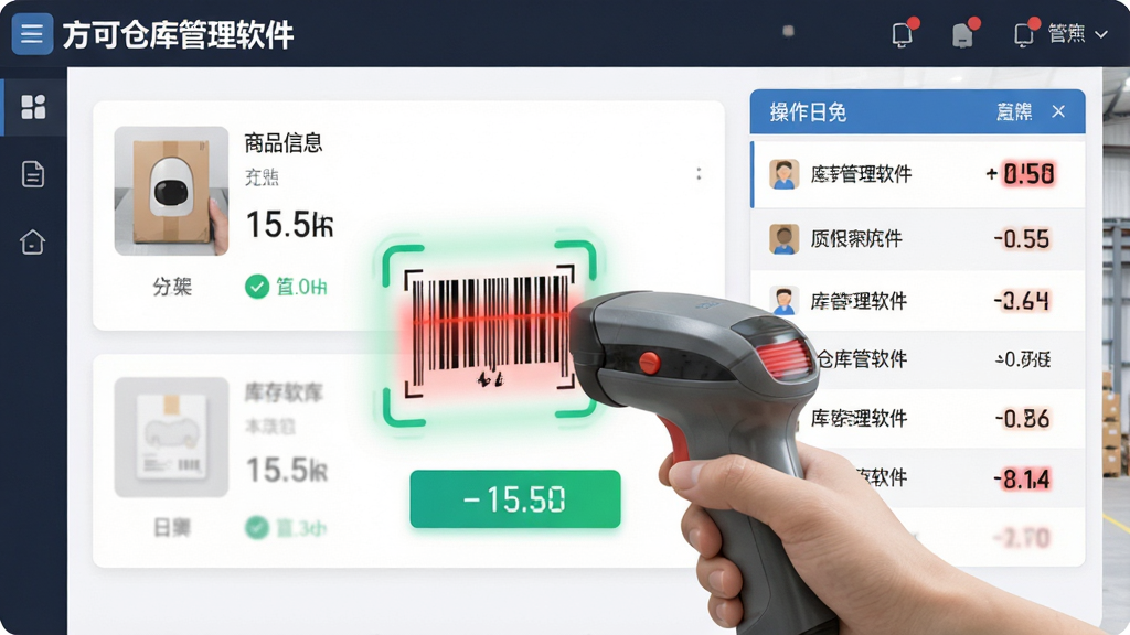 主体:方可仓库管理软件的出入库操作界面,显示扫码枪扫描商品条码的瞬间。布局:左侧商品信息卡片,右侧操作日志列表。排版:界面清爽,按钮醒目。风格:现代扁平化设计。细节:屏幕上有“方可仓库管理软件”标题,条码扫描动画效果,库存数字实时跳动。画质:高分辨率,干净整洁,无多余元素。