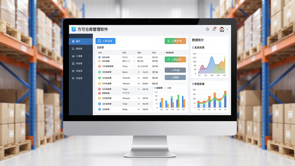 主体:一台现代化电脑屏幕显示方可仓库管理软件主界面,界面内有清晰的库存列表、入库出库按钮和统计图表。布局:电脑居中,屏幕内容放大清晰,周围有简洁的仓库货架背景。排版:界面元素错落有致,左侧菜单栏、右侧数据看板。风格:写实科技感,明亮通透。细节:屏幕中显示“方可仓库管理软件”字样,界面图标精致,数据图表色彩丰富。画质:高清,干净,无多余元素。