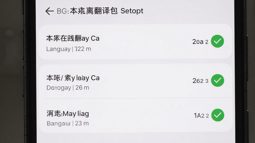 主体:手机设置界面显示离线翻译包下载列表。布局:列表展示不同语言包及大小。排版:条目清晰。风格:简洁实用。细节:已下载语言包有绿色勾选标记。画质:高清,干净,无多余元素。