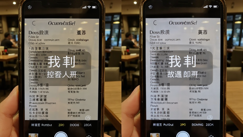 主体:手机拍摄外文菜单,屏幕上叠加显示中文翻译。布局:左侧为原始照片,右侧为翻译结果。排版:对照显示。风格:写实,生活化。细节:菜单上有英文和中文标注,背景为餐厅环境。画质:高清,干净,无多余元素。