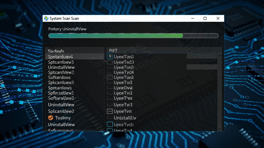 UninstallView软件功能示意图,展示软件正在进行系统扫描,界面中有一个进度条和不断滚动的软件列表,背景是抽象的电路板纹理,蓝色数据流线条,风格科技感强,画质清晰