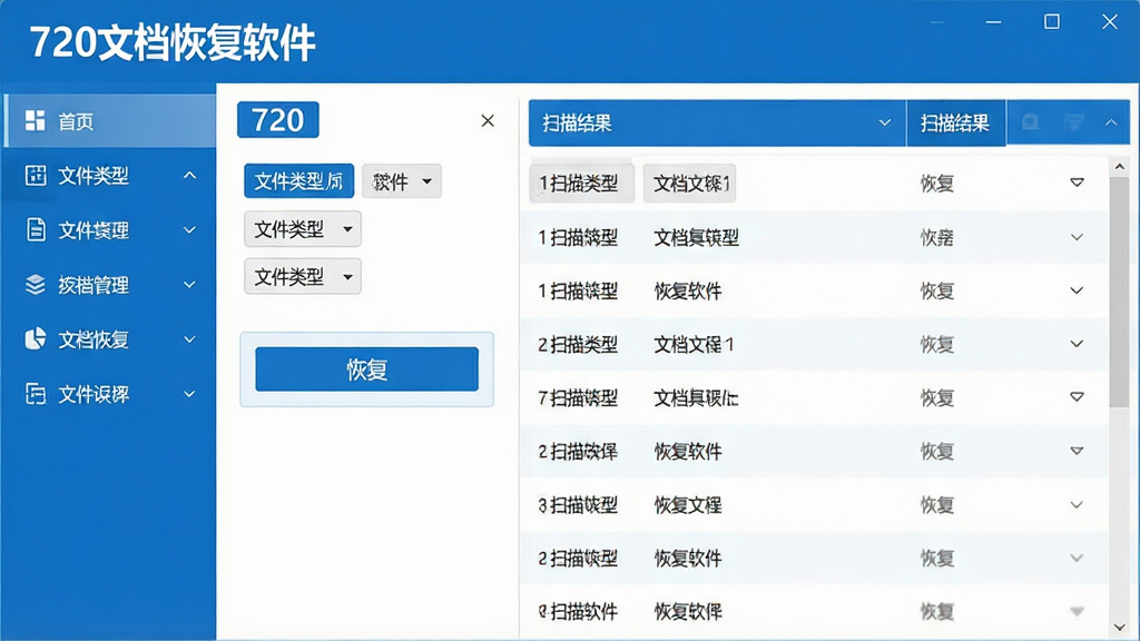一张高清产品展示图,主体为720文档恢复软件主界面,布局居中,左侧功能导航栏,右侧扫描结果列表,风格简约商务,蓝白配色,界面清晰标注“720文档恢复软件”字样,细节包括文件类型筛选标签、恢复按钮,画质细腻干净,无多余元素