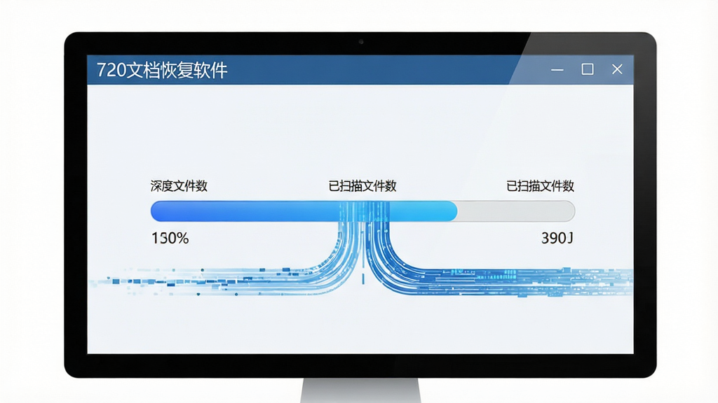 高清扫描过程示意图,主体为电脑屏幕显示720文档恢复软件深度扫描进度条,布局以屏幕为中心,风格写实科技感,细节包括进度百分比、已扫描文件数、蓝色数据流线条,屏幕左上角标注“720文档恢复软件”字样,画质通透干净,无多余元素