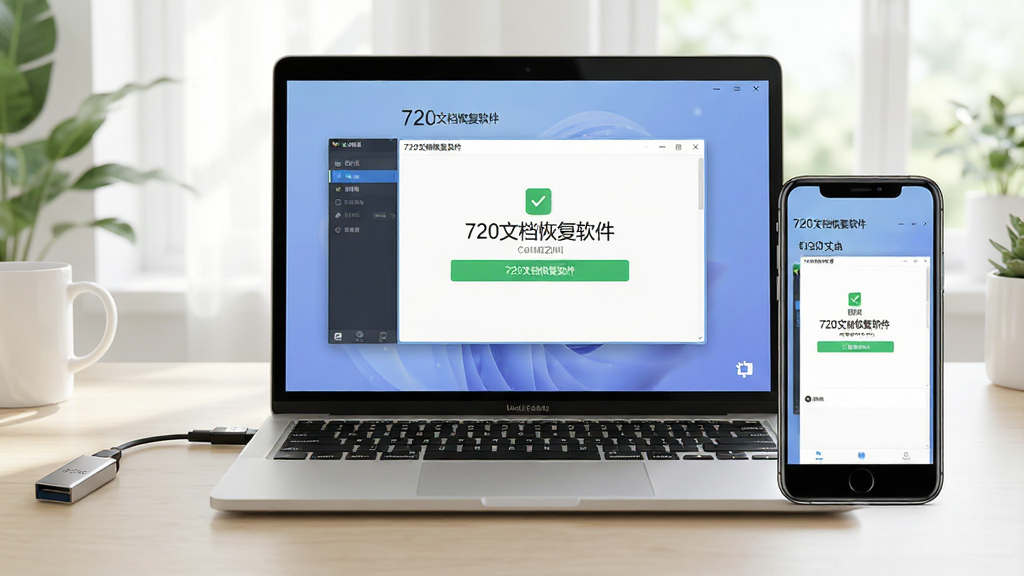高清多设备使用场景图,主体为笔记本电脑和手机并排展示720文档恢复软件界面,布局左右对称,风格现代生活化,细节包括手机OTG连接U盘、电脑屏幕显示恢复成功提示,界面标注“720文档恢复软件”字样,画质明亮干净,无多余元素