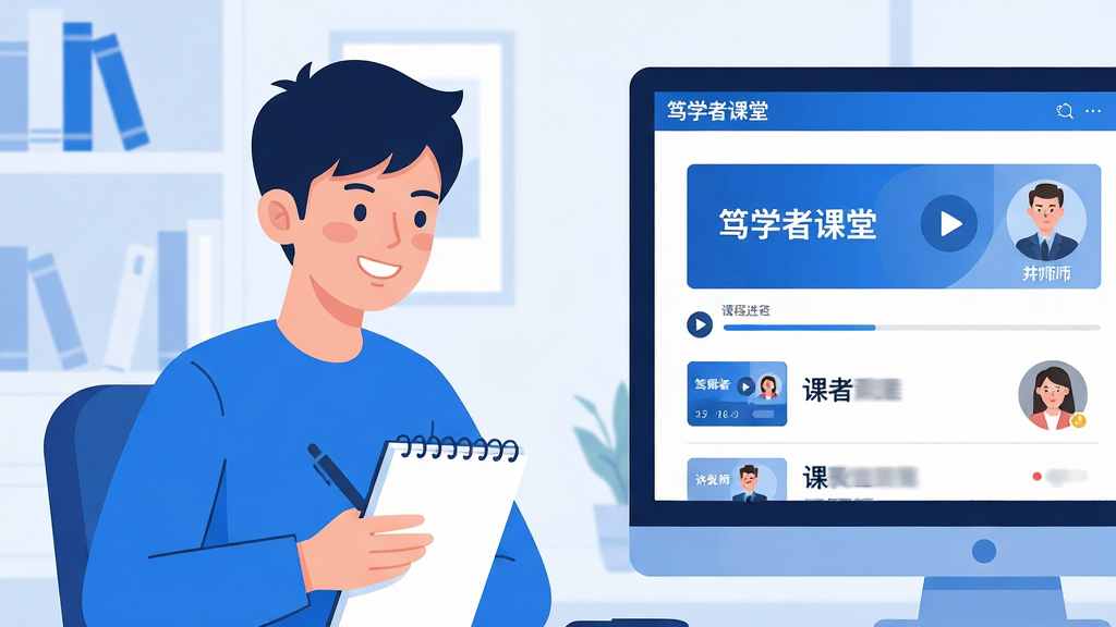 主体:电脑屏幕前一位专注学习的年轻人,屏幕中显示“笃学者课堂”的课程列表界面;布局:主体人物位于画面左侧,右侧为软件界面特写,背景为简洁的书房环境;排版:人物与屏幕形成对角线构图,界面内容清晰可见;风格:现代扁平插画风格,色彩明快,以蓝色和白色为主色调;细节:屏幕上有播放按钮、课程进度条、讲师头像等元素,人物面带微笑,手持笔记本;画质:高清,干净,无多余元素。
