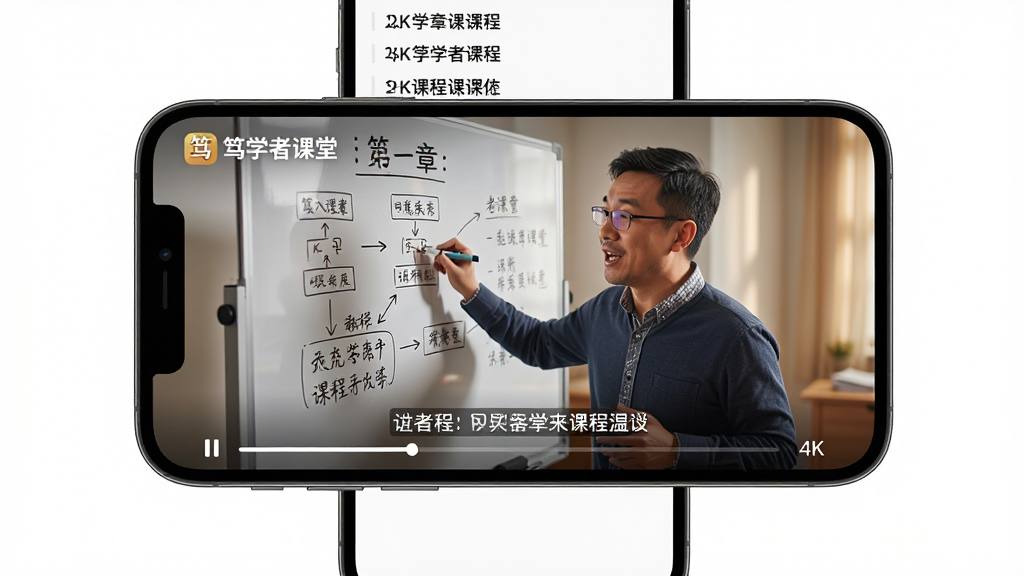 主体:手机横屏播放“笃学者课堂”课程视频的界面,画面中讲师正在白板上书写知识点;布局:手机屏幕居中,四周留白,屏幕上方显示课程章节列表;排版:视频画面占屏幕三分之二,下方有清晰的字幕和进度条;风格:真实摄影风格,光线柔和,色调温暖;细节:屏幕上有“笃学者课堂”Logo、课程名称、播放/暂停按钮,讲师表情生动,白板上有图表和文字;画质:4K超清,干净,无多余元素。