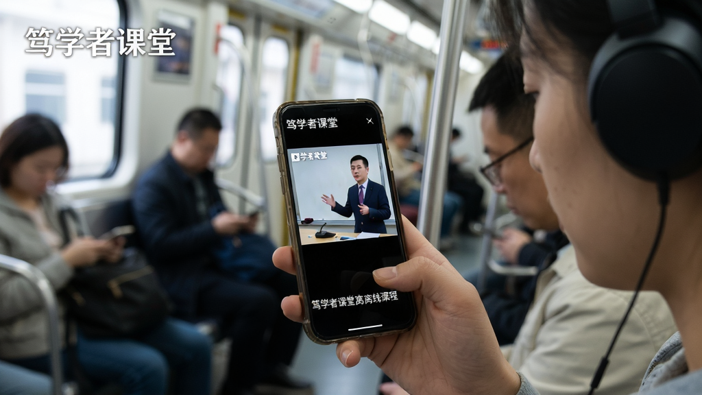 主体:一位用户正在使用手机观看“笃学者课堂”离线课程,背景为地铁车厢;布局:手机位于画面中央,用户手指轻触屏幕,周围有模糊的乘客身影;排版:手机屏幕显示课程视频,左上角有“笃学者课堂”水印;风格:纪实摄影风格,自然光线,色彩真实;细节:手机屏幕中讲师正在讲课,下方有字幕条,用户戴着耳机,神情专注;画质:高清,干净,无多余元素。