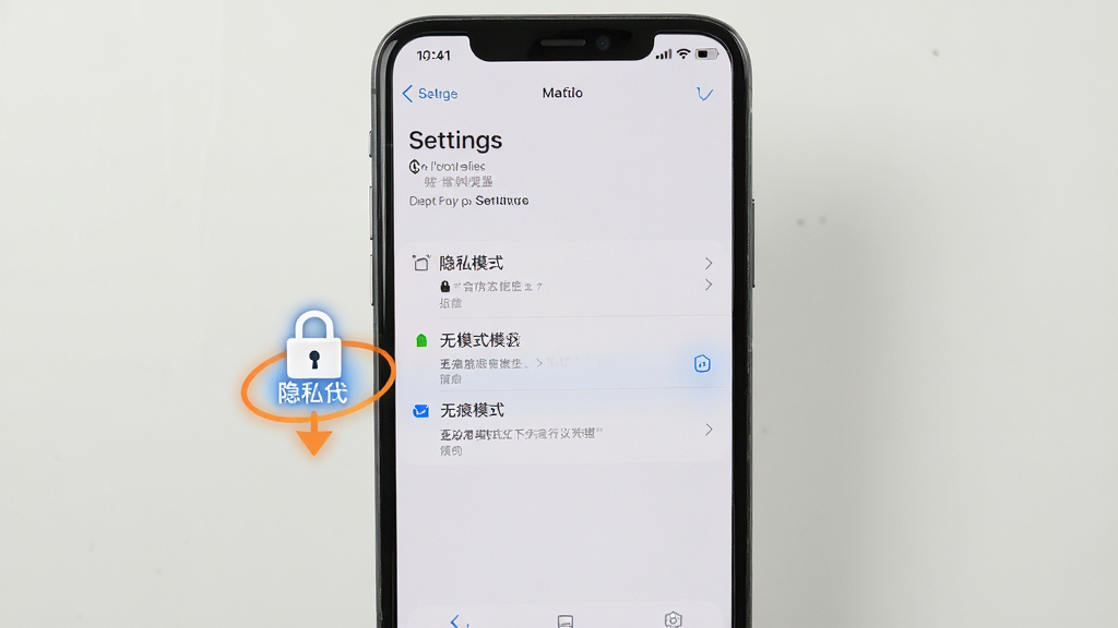 隐藏浏览器使用教程截图,手机屏幕显示设置界面,重点标注隐私锁与无痕模式选项,构图清晰,布局合理,风格写实,细节完整,画质高清,干净无多余元素