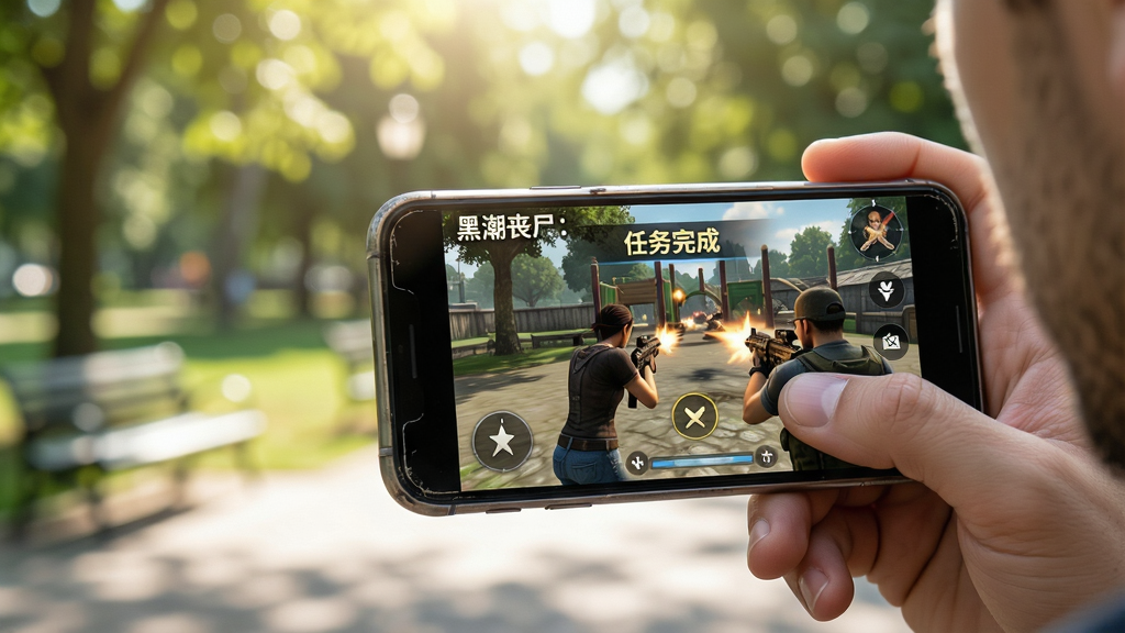 主体:一位玩家手持手机在户外场景中游玩《黑潮丧尸:使命作战》,手机屏幕中显示着激烈的射击战斗画面。布局:玩家位于画面右侧,手机屏幕面向镜头,左侧背景是模糊的公园环境,暗示随时随地可玩。排版:手机屏幕上方显示游戏内“任务完成”字样,画面清晰可见。风格:写实生活风格,光线自然明亮,色彩饱和度适中。细节:玩家手指按在屏幕射击键上,手机边框有磨损痕迹,背景阳光透过树叶洒落。画质:高清画质,景深效果自然,画面干净,无多余元素。