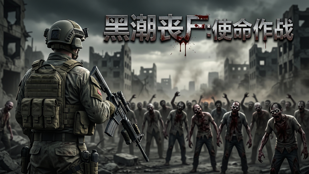 主体:一名全副武装的士兵背影,手持步枪,站在破败的城市废墟中,眺望远方的丧尸潮。布局:主体人物位于画面左侧三分之一处,右侧留白展现广阔的场景和密集的丧尸群,形成强烈视觉冲击。排版:画面中央上方悬浮着游戏标题“黑潮丧尸:使命作战”艺术字,字体带有金属质感和血迹纹理。风格:写实风格,末日废土色调,光线昏暗,充满压迫感与紧张氛围。细节:士兵装备细节清晰,可见战术背心和头盔;丧尸形态各异,动作扭曲;空气中弥漫着尘埃和硝烟。画质:8K超高清,电影级画质,光影效果真实,干净,无多余元素。