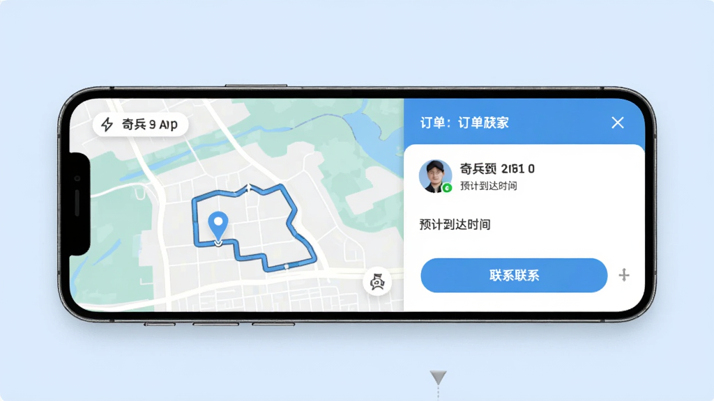 ����Ϊһ�������ֻ�չʾ�������App�Ķ���׷�ٽ��棬������ʾʦ�����ڸ�����·��ͼ������Ϊǳ��ɫ�������Ե�ͼ�붩����ϢΪ�����Ű����������ʵ�ü�࣬ϸ�ڰ���ʦ��ͷ��Ԥ�Ƶ���ʱ�䡢��ϵ��ť�����ʸ���ɾ����޶���Ԫ��