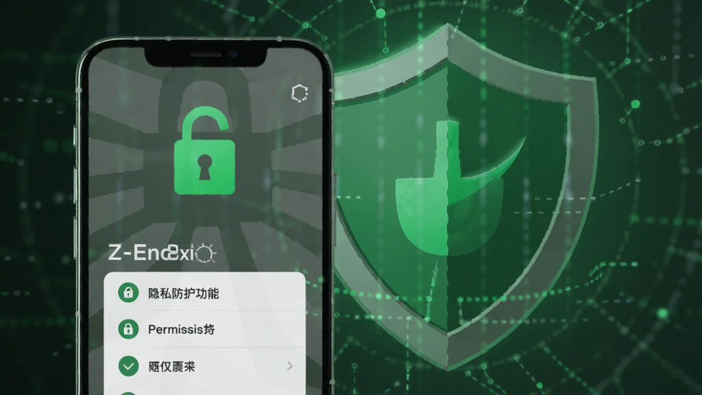 Z-End隐私防护功能展示,手机屏幕上有锁形图标和权限列表,背景为盾牌图案,整体色调为绿色与灰色搭配,安全氛围浓厚,画质清晰