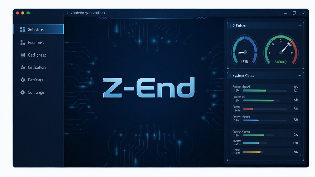 Z-End软件主界面展示,界面采用深蓝色科技风格,左侧功能导航栏,右侧为系统状态仪表盘,中央显示“Z-End”品牌标识,整体布局清晰现代,画质高清,干净无多余元素