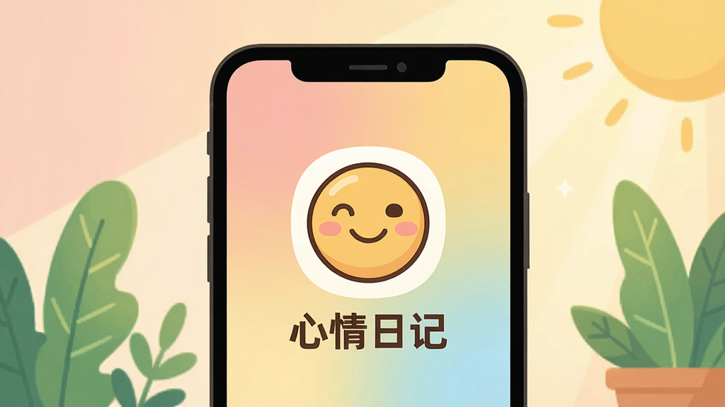 一幅温暖治愈风格的插画,主体为一部手机屏幕显示Emoke主界面,界面中有一个微笑的卡通表情图标和“心情日记”字样,背景是柔和的渐变色彩,搭配绿色植物和阳光,整体布局居中,排版简洁,扁平化设计风格,细节丰富,画质高清干净,无多余元素