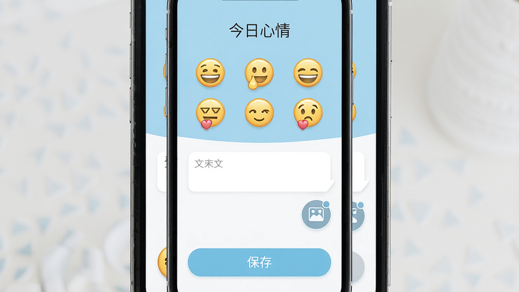 手机竖屏界面展示Emoke的情绪记录页面,顶部有“今日心情”标题,下方排列着多个表情图标供选择,中间是文本输入框和图片添加按钮,底部是保存按钮,整体界面以浅蓝色和白色为主,扁平化设计,布局清晰,排版规整,画质干净高清,无多余元素
