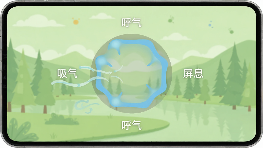 Emoke呼吸训练功能界面,屏幕中央有一个圆形呼吸动画,圆环随着呼吸节奏扩张和收缩,周围有“吸气”、“屏息”、“呼气”的文字提示,背景是淡绿色的自然风光,整体布局简洁大方,扁平化设计,画质清晰,无多余元素