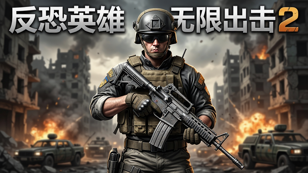 一张《反恐英雄无限出击2》游戏宣传图,主体为全副武装的反恐精英角色持枪站立,背景是战火纷飞的城市废墟,画面布局以角色为中心,左右对称,排版简洁,风格写实硬朗,细节包括战术背心、头盔、枪械纹理,画质高清干净,无多余元素